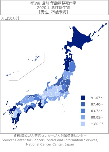 都道府県別75歳未満年齢調整死亡率（男性）　全部位　2020年　画像