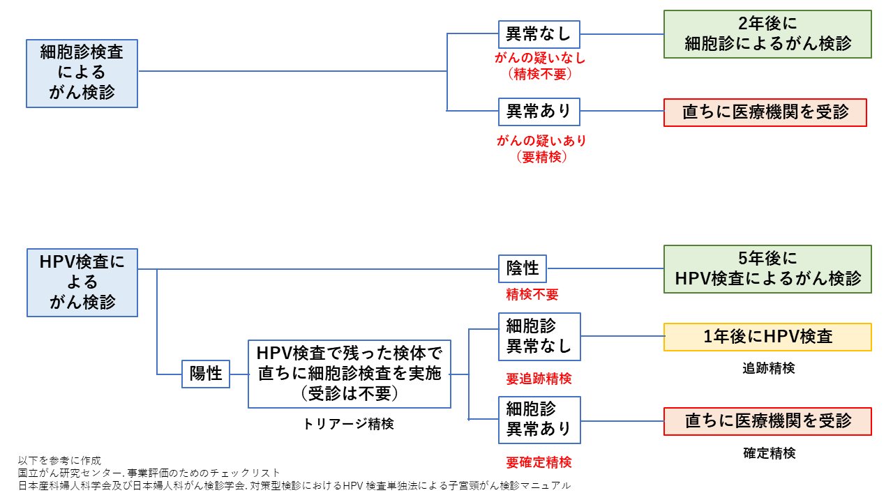 図２　子宮頸がん検診（細胞診検査、HPV検査）の流れと検診結果の判定