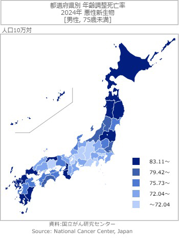 都道府県別75歳未満年齢調整死亡率（男性）　全部位　2024年　画像