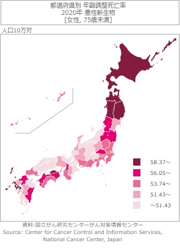 都道府県別75歳未満年齢調整死亡率（女性）　全部位　2020年　画像
