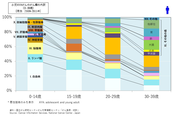 小児AYAがんのがん種の内訳（0-39歳）[男性　2009-2011年]　グラフ画像